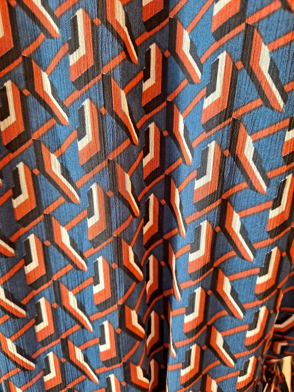 DR2 Navy Black White Orange Geometric Printed Midi Shirt Dress Tie Waist Lined - Picture 9 of 12